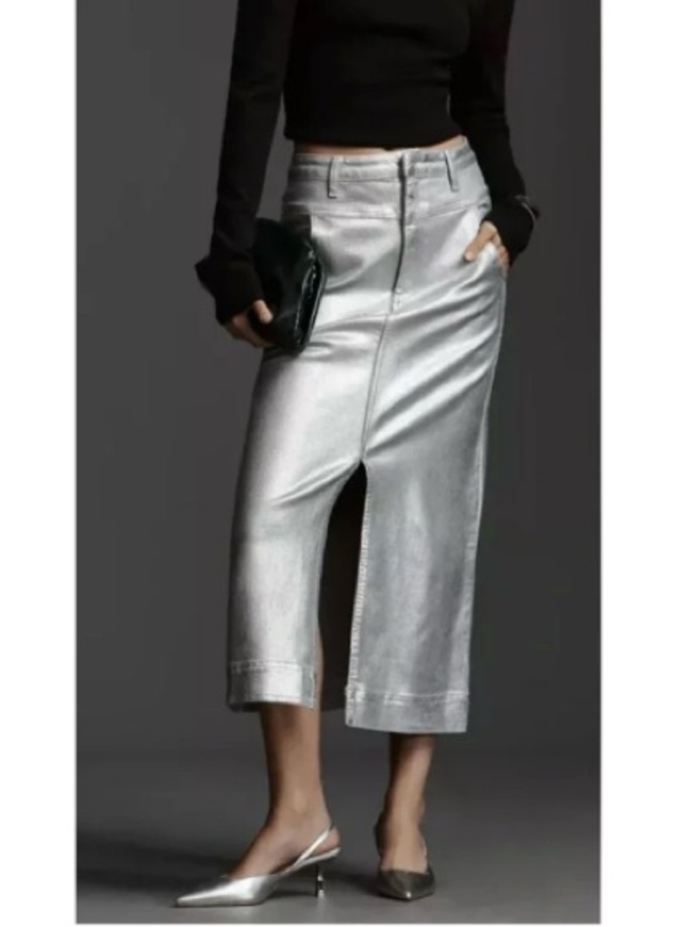 Anthropologie Pilcro High Rise Metallic Column Midi Skirt Preppy Event Silver 6